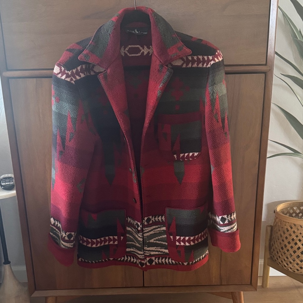 Ralph Lauren Red and Black Southwestern-Pattern Trench Coat